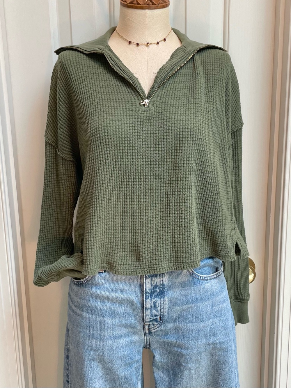 Green Waffle Knit Cropped Quarter Zip Sweater Universal Thread